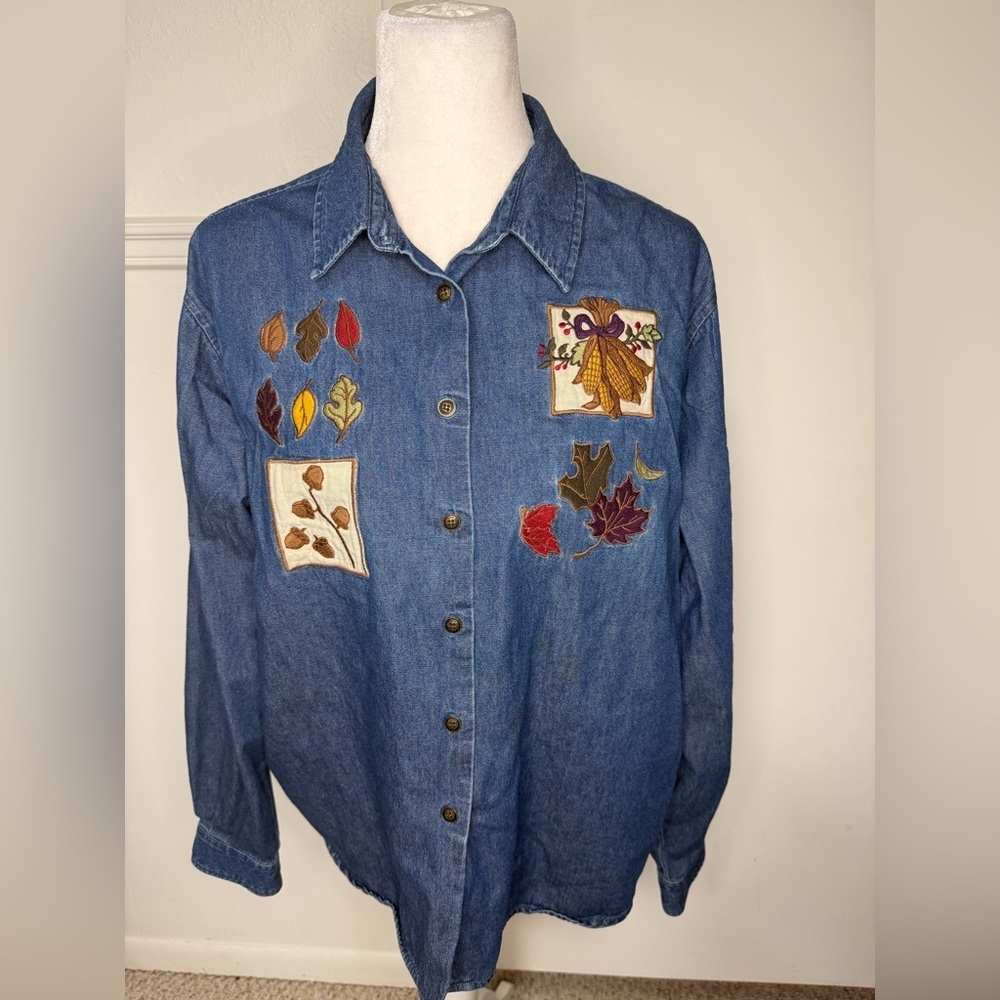 Karen Scott Embroidered Blue Denim Button-Down Jacket size XL